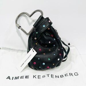 NWT Aimee Kestenberg All My Heart Black Leather Rainbow Rhinestone Heart Bag
